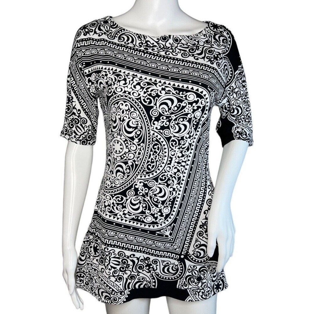 White House Black Market Shirt Womens XSmall Black White Scroll Tunic Top Retro